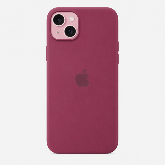 plum iphone 15 plus silicon phone case with whte backgroun