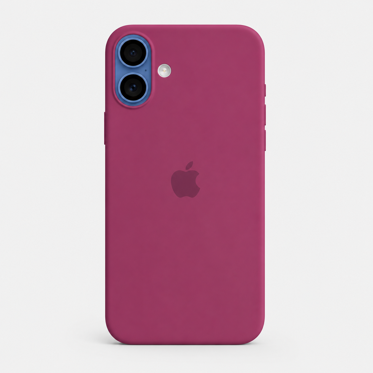 A magenta pink silicone phone case on an iPhone, shown from the back against a light gray studio background. The Apple logo is visible through the case cutout.