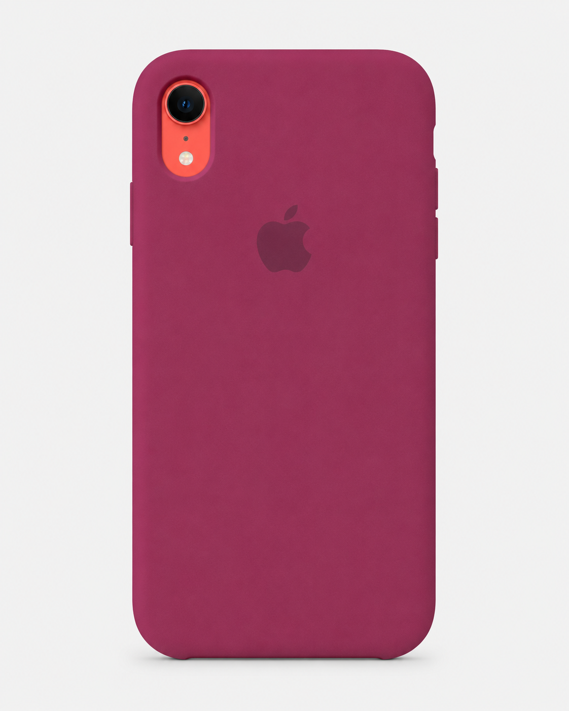 A magenta-colored protective phone case with a matte finish, shown on an iPhone XR. The Apple logo is visible through the center cutout, and the camera bezel has a bright orange accent ring.