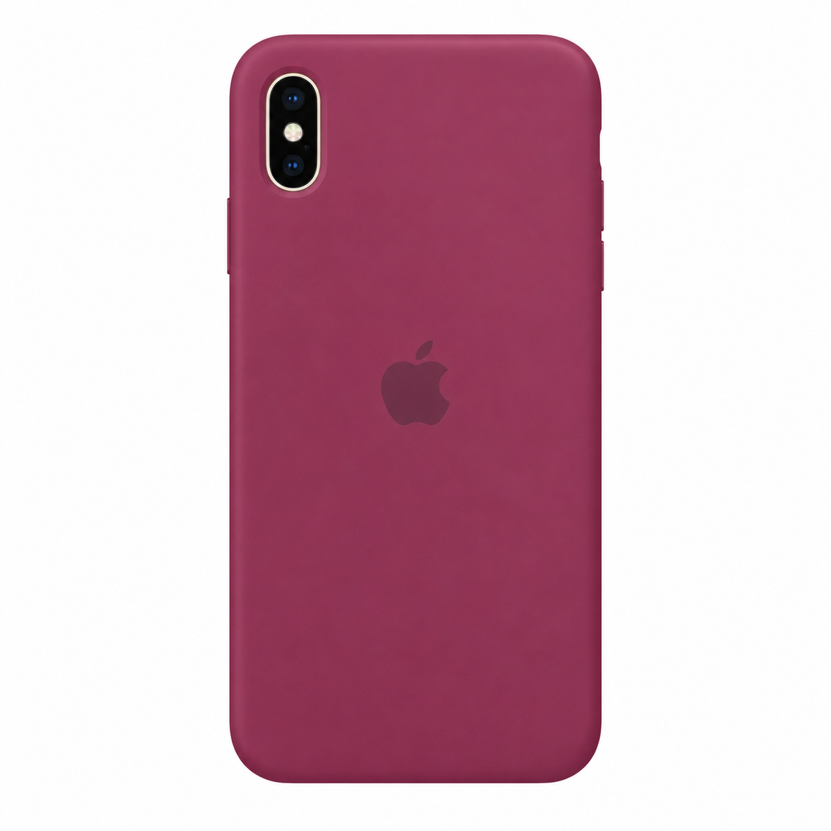 A magenta pink leather phone case with a matte finish, shown on the back of an iPhone. The Apple logo is visible in the center, and the camera cutout is in the top left corner.