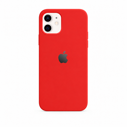  red color iphone case. there is an apple logo on the back side of the case. the image has a pure white background. 