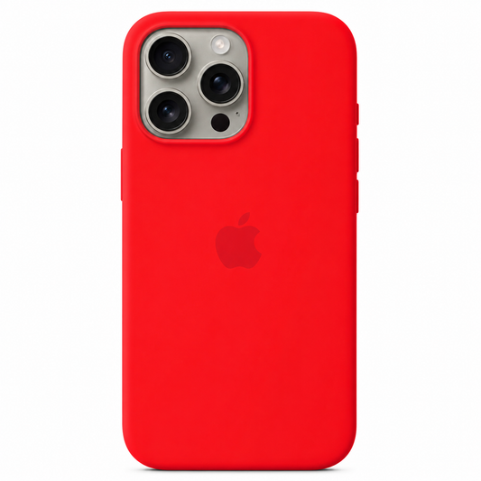 A bright red silicone phone case on an iPhone 13 Pro, shown from the back against a clean white background. The Apple logo is visible through the center of the case.