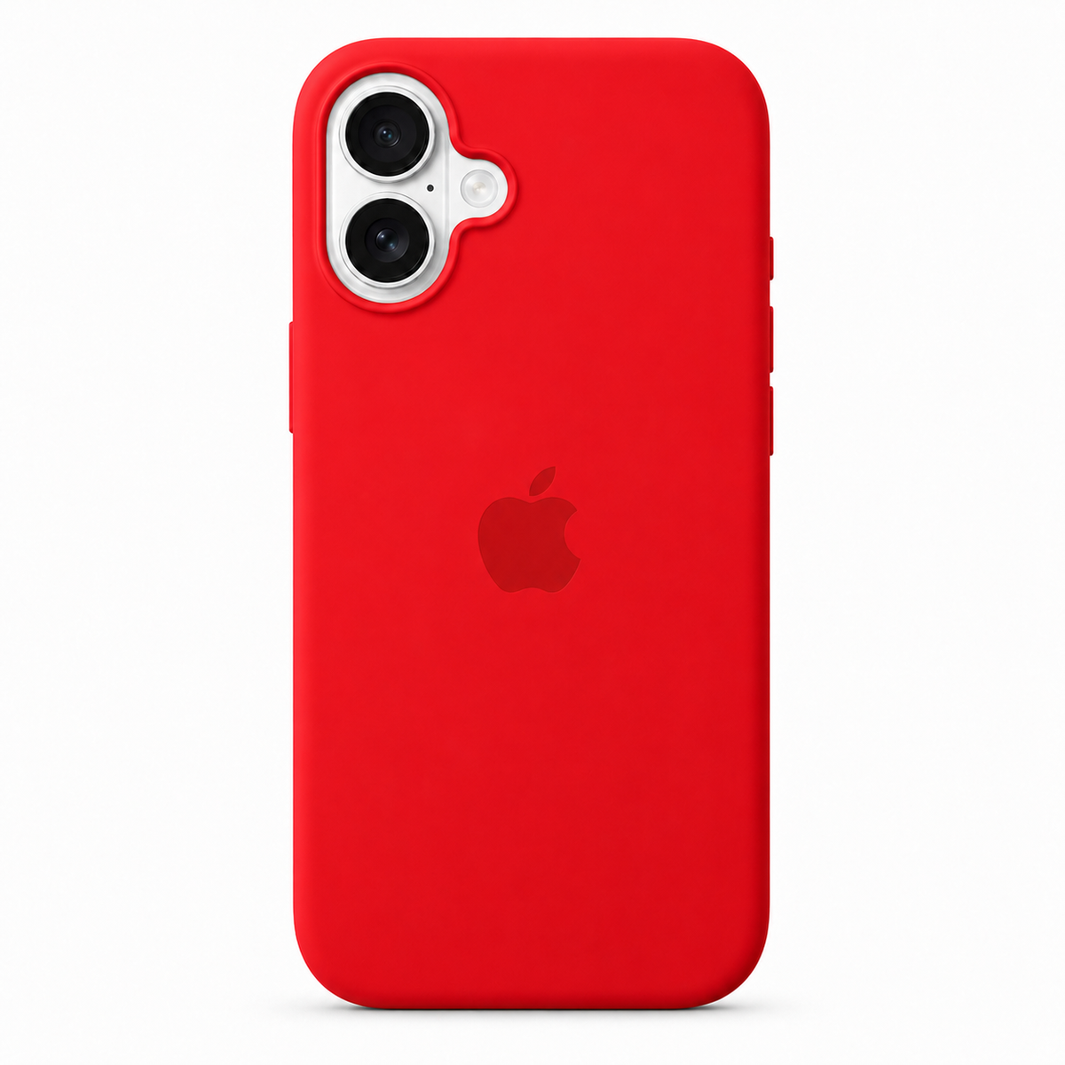 A bright red silicone phone case with a subtle matte finish, designed for an iPhone. The case features a precise cutout for the dual camera lenses and flash, with the Apple logo subtly embossed in the center.