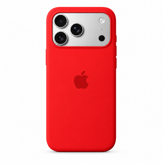 A bright red silicone iphone 17 pro max phone case on an iPhone, shown from the back against a clean white background. The Apple logo is visible through the cutout.