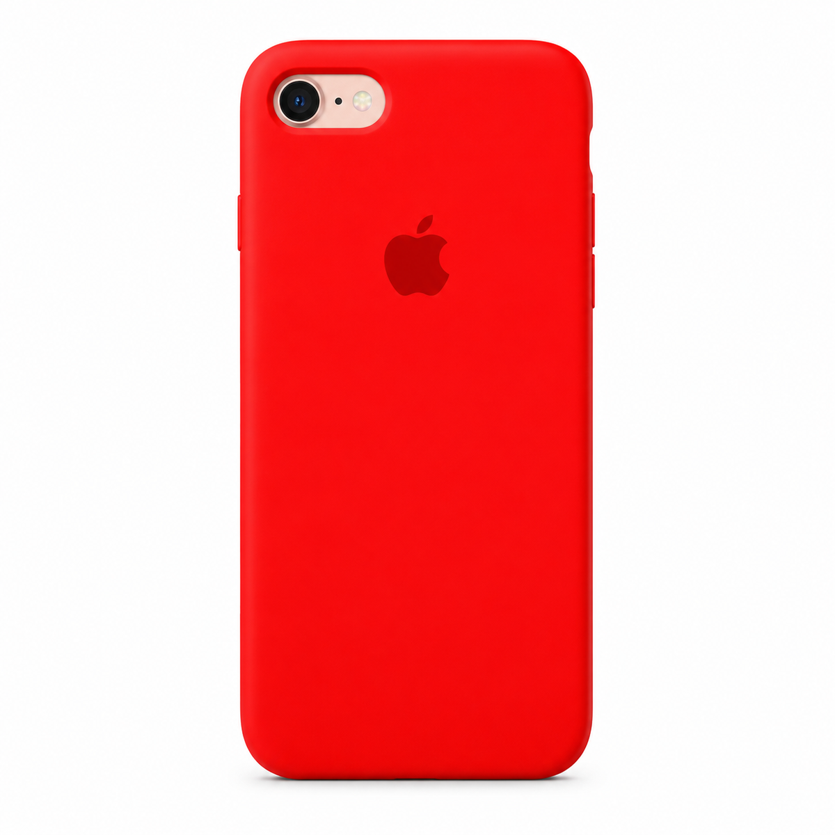 A bright red silicone phone case with a black Apple logo in the center, shown on a white background.