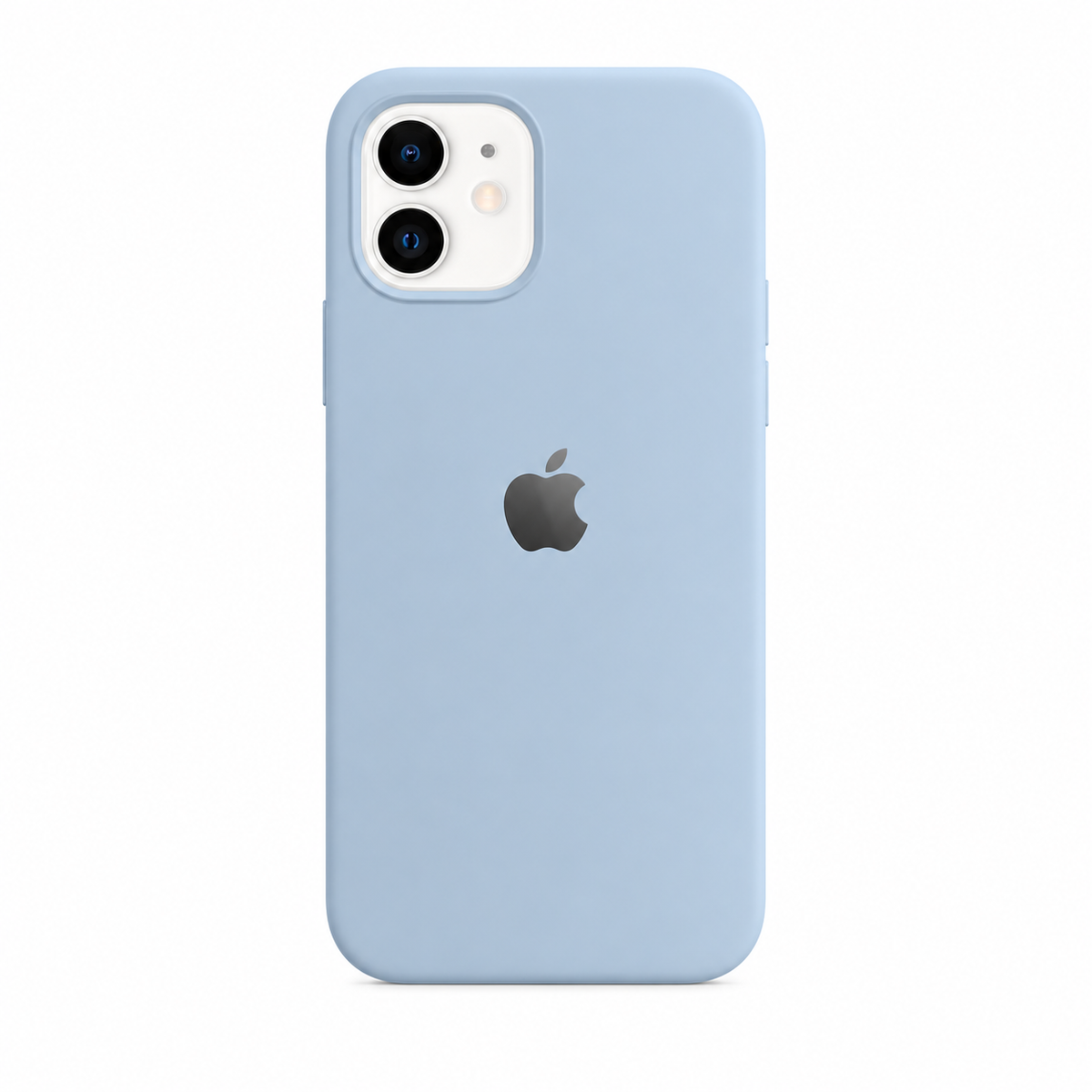 sierra blue color iphone 11 case with white background of the image. iphone 11 is inserted in the cover/case. there is also an apple logo on the back of case