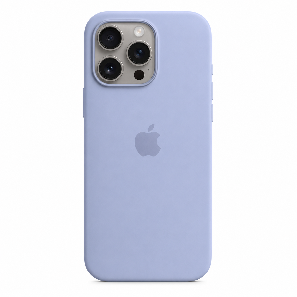 A light purple silicone phone case on an iPhone 13 Pro shown from the back against a solid white background. The Apple logo is visible in the center of the case.
