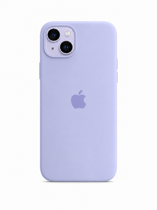 sierra blue color phone case for iPhone 14 plus with apple logo and the image has pure white background