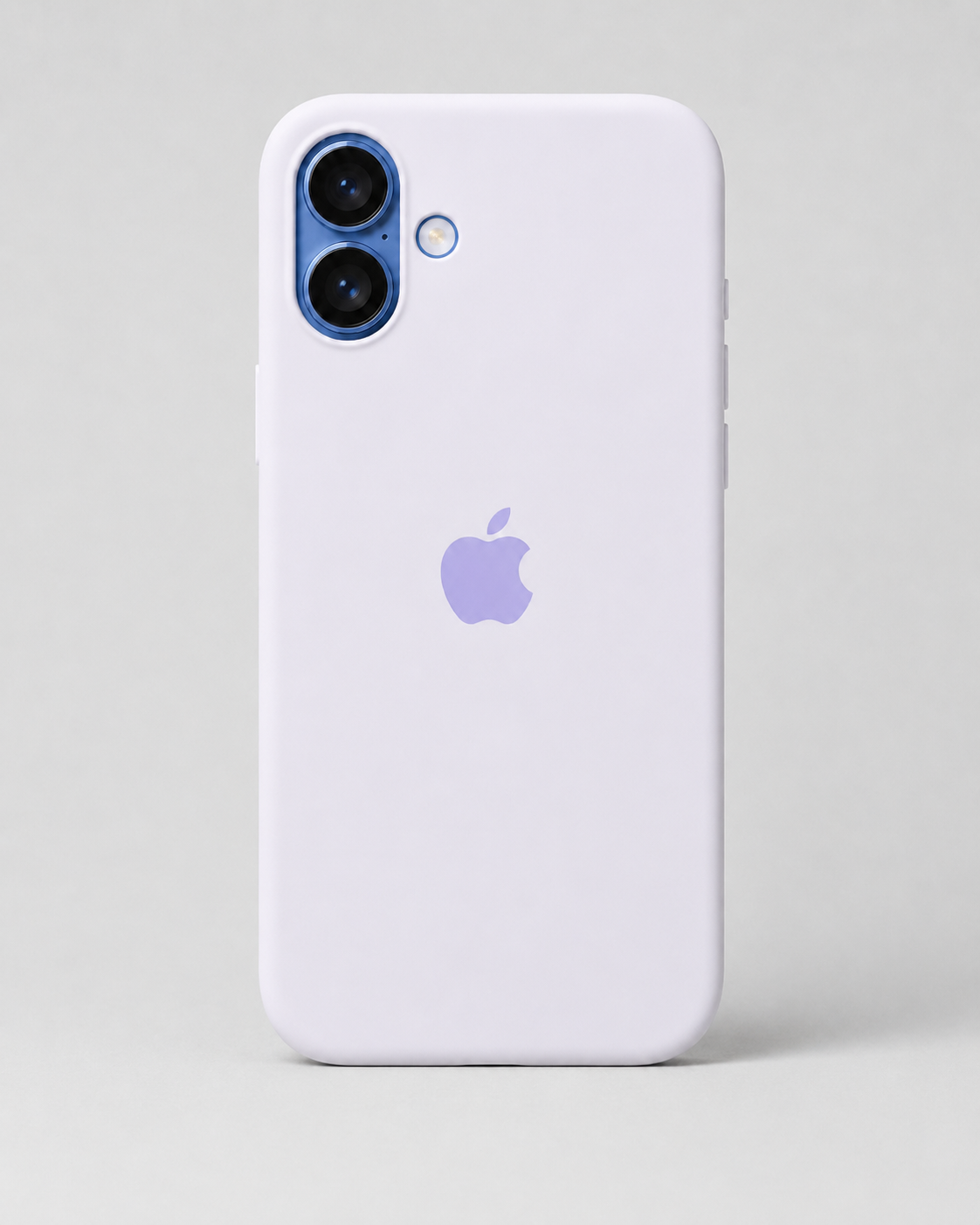 A white phone case with a light purple Apple logo, shown on a light gray background.