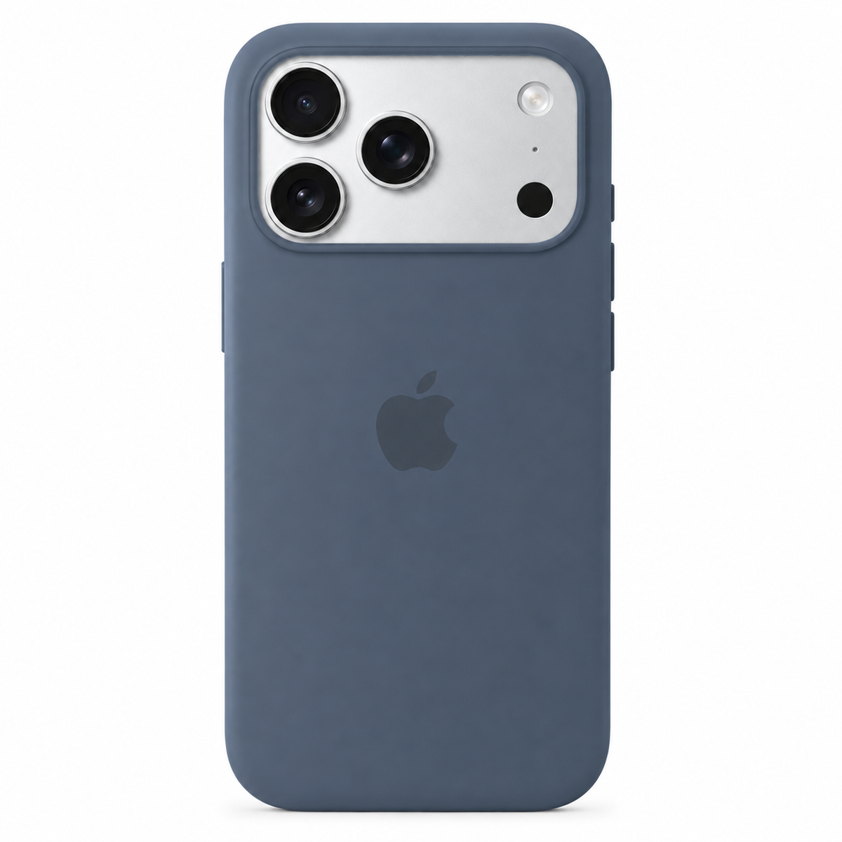 A sierra blue leather protective case on an iPhone, shown from the back against a solid white background. The Apple logo is visible through the case.