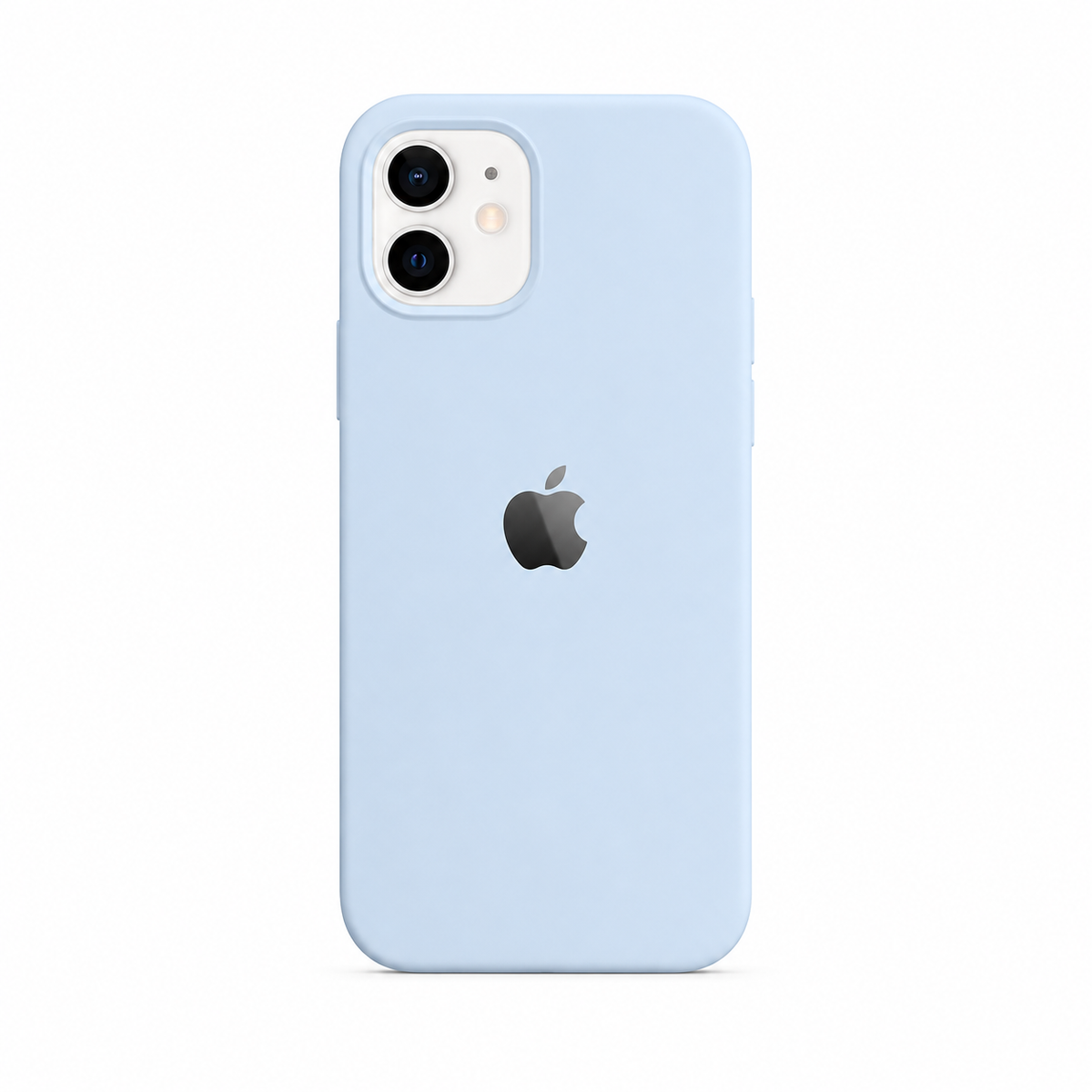 sky color iphone 11 case with white background of the image. iphone 11 is inserted in the cover/case. there is also an apple logo on the back of case