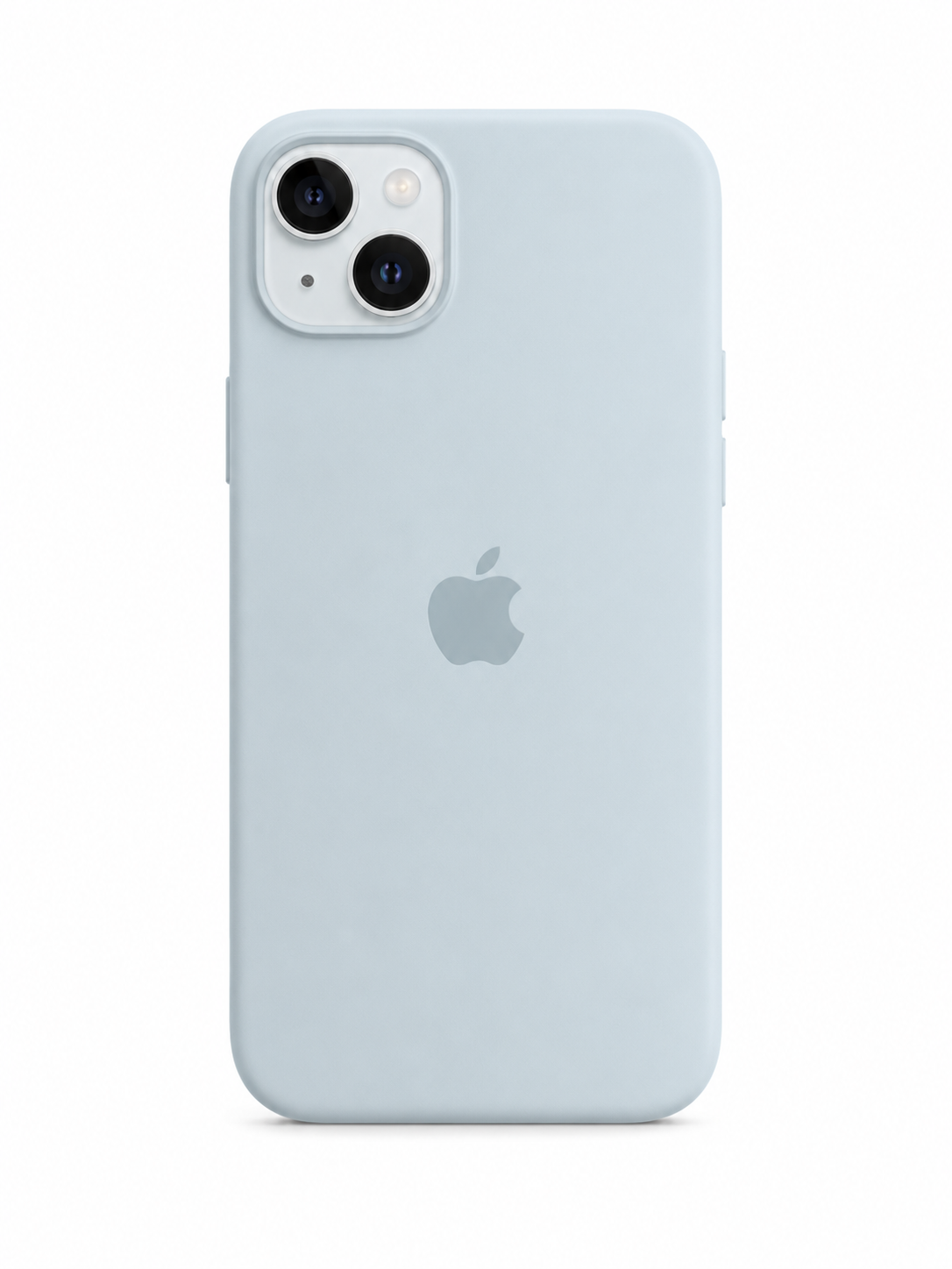 sky color iphone 13 case with apple logo in the middle and white background of the silicone cover iphone 13 inserted in the cover