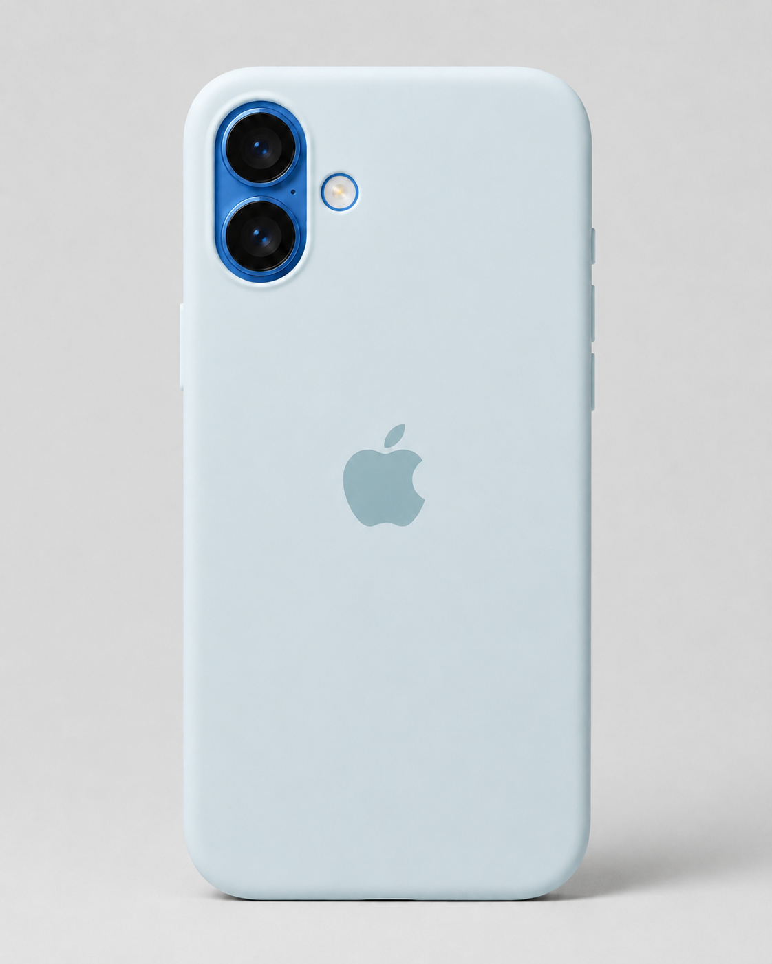 A light blue protective phone case fitted on an iPhone, shown from the back against a neutral light gray background. The Apple logo is visible through the case.
