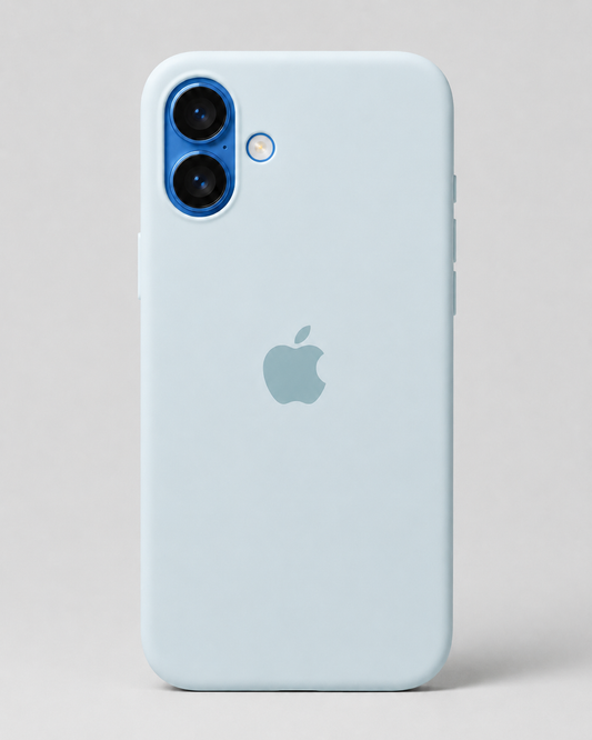 A light blue protective phone case fitted on an iPhone, shown from the back against a neutral light gray background. The Apple logo is visible through the case.