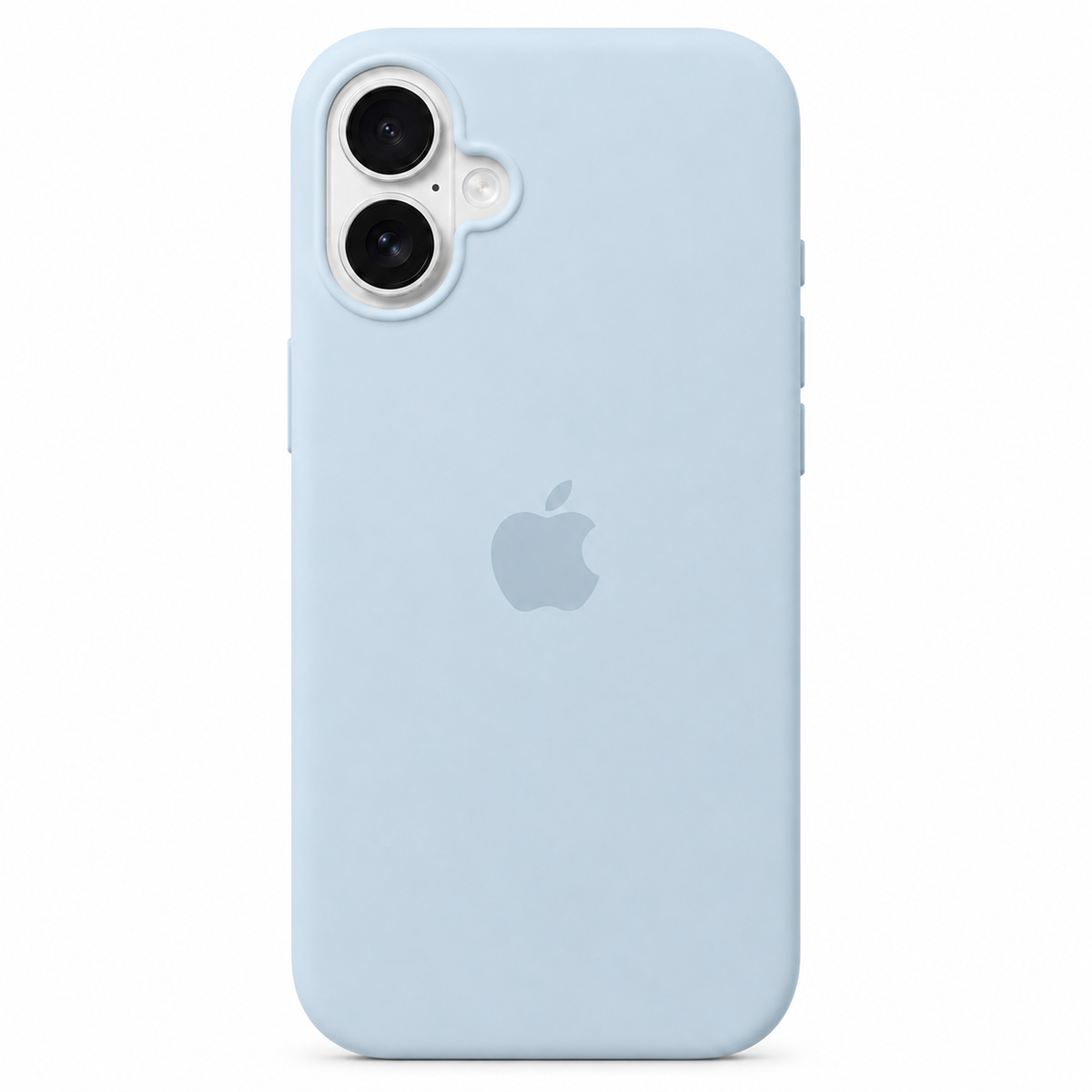 A light blue silicone phone case with a matte finish, featuring a cutout for a dual-camera system and a subtle gray Apple logo in the center, shown on a white background.