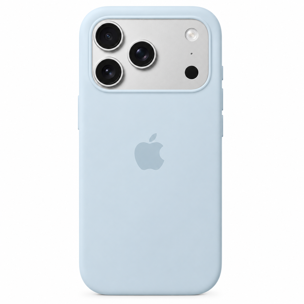 A sky color light blue silicone protective case on an iPhone 17 pro max, shown from the back against a solid white background. The Apple logo is visible in the center of the case.