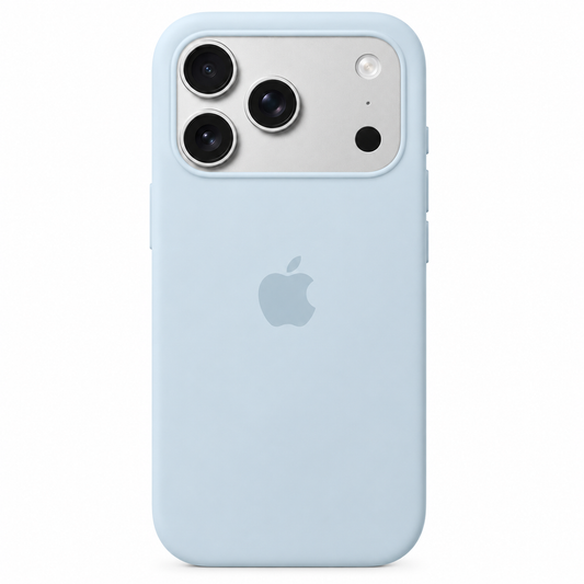 A sky color light blue silicone protective case on an iPhone 17 pro max, shown from the back against a solid white background. The Apple logo is visible in the center of the case.