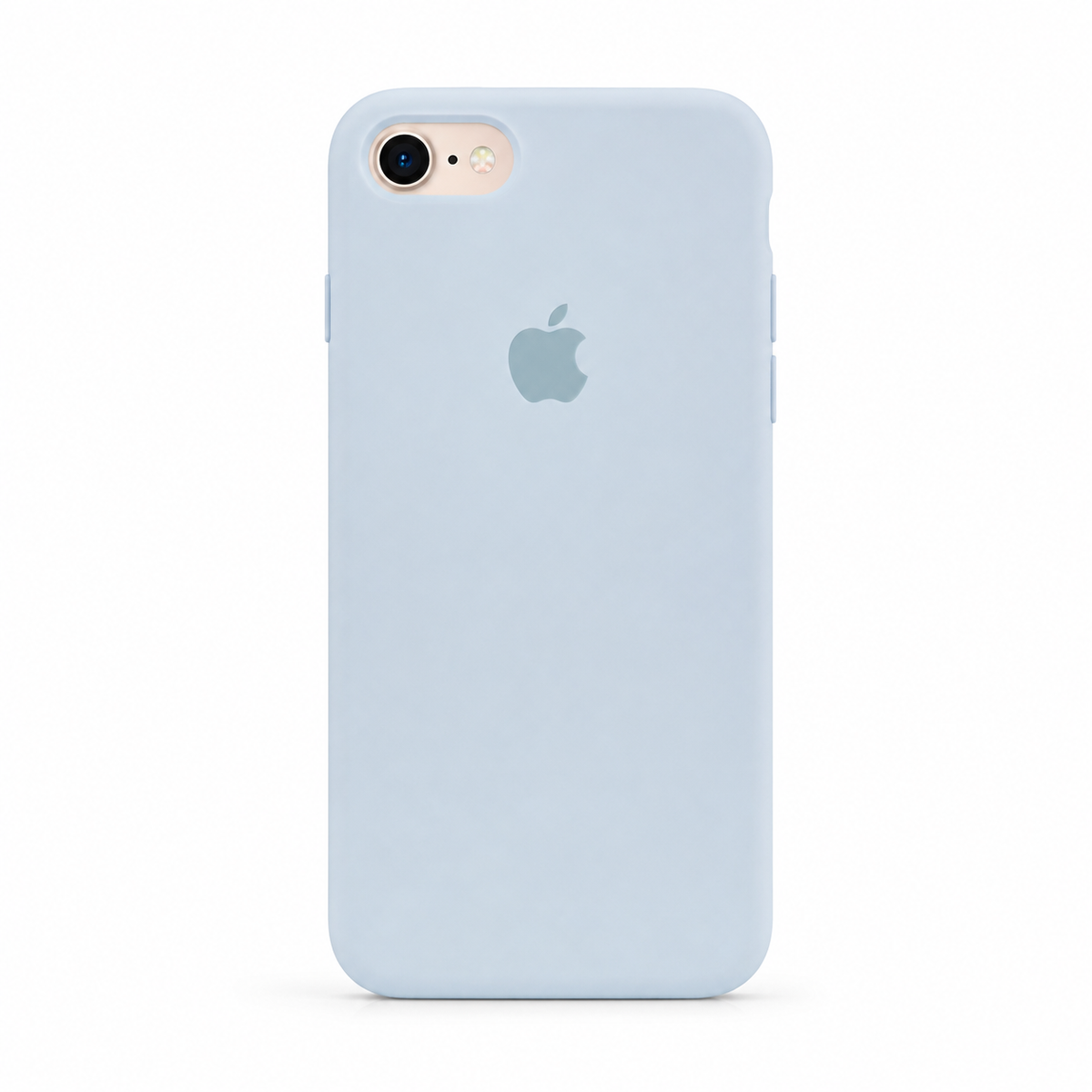 A light blue silicone phone case with a subtle matte finish, shown on the back of an iPhone. The Apple logo is visible through the case, and the background is a clean white studio backdrop.