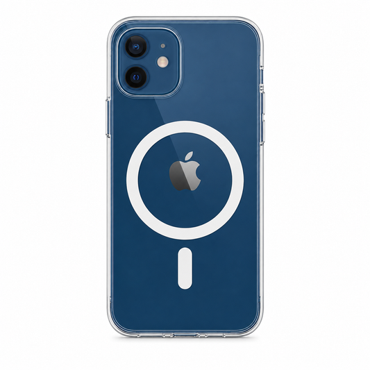 A clear protective phone case on an iPhone 12, featuring a white circular MagSafe-style ring graphic on the back. The phone inside has a dark blue backplate with a visible silver Apple logo.