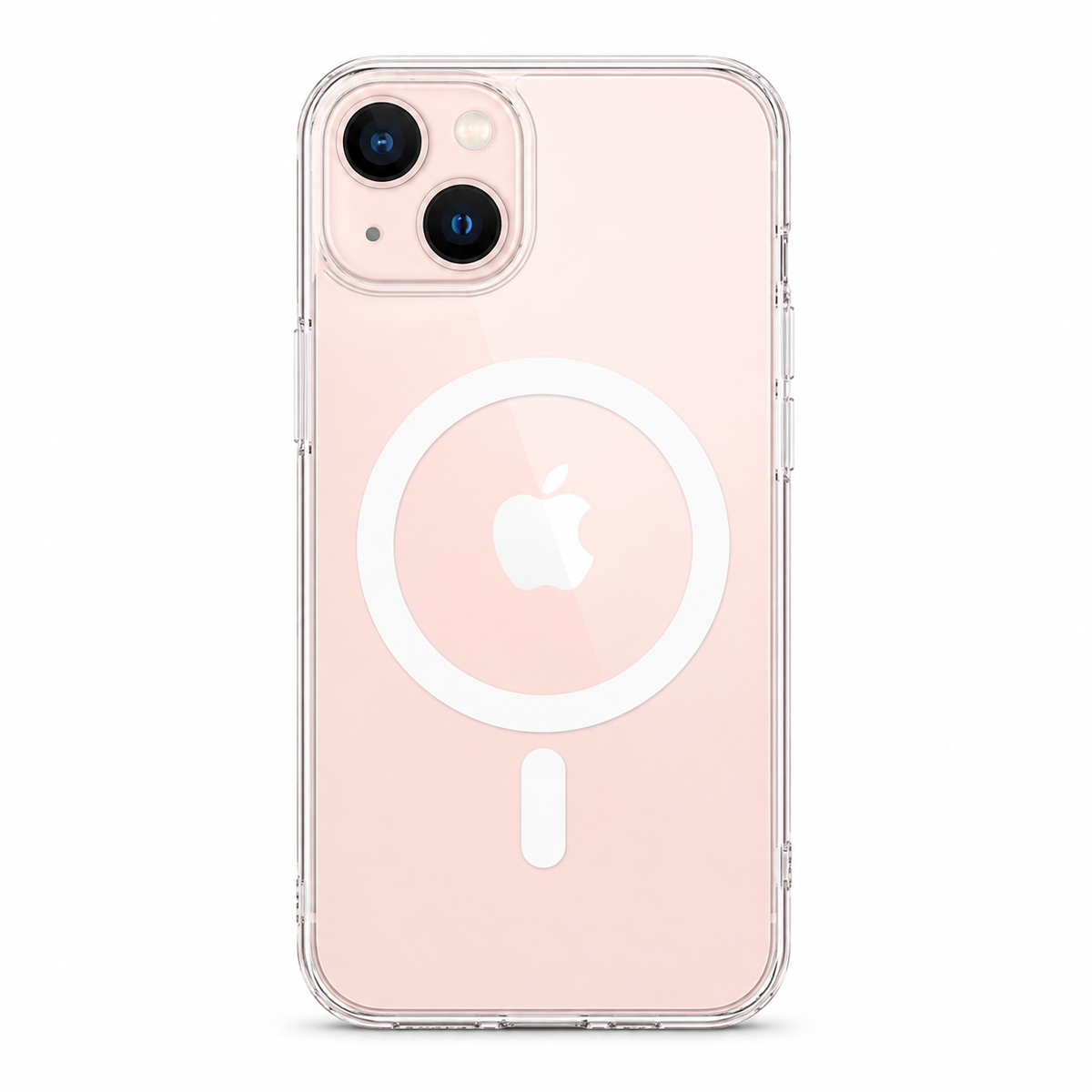 Clear Spigen MagSafe TPU case for iPhone 13 on white background