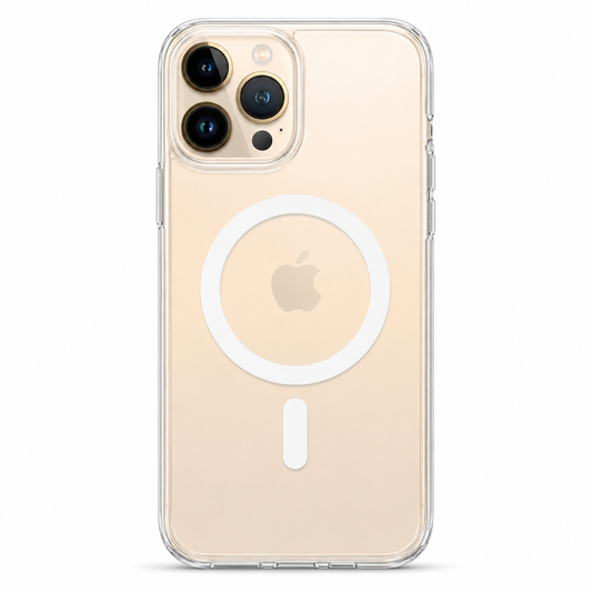 A clear MagSafe-compatible phone case for iphone 13 pro max on a gold iPhone, shown from the back against a clean white background.