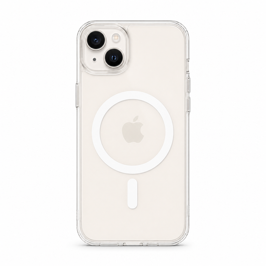 Clear Spigen MagSafe TPU case for iPhone 14 on white background