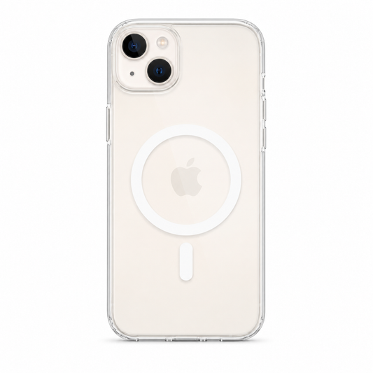 Clear Spigen MagSafe TPU case for iPhone 14 Plus on white background