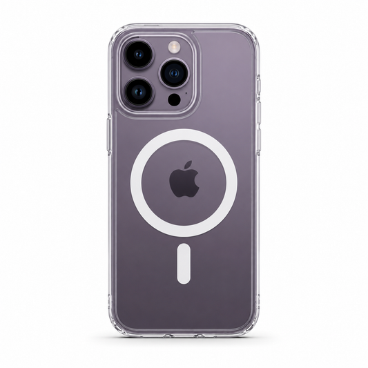 Clear Spigen MagSafe TPU case for iPhone 14 Pro on white background