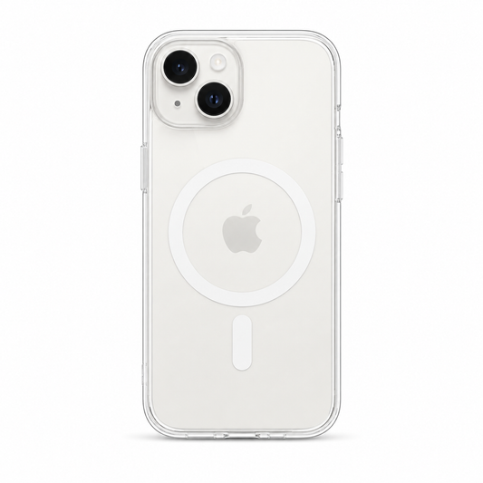 Clear Spigen MagSafe TPU case for iPhone 15 on white background
