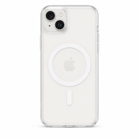 Clear Spigen MagSafe TPU case for iPhone 15 Plus on white background