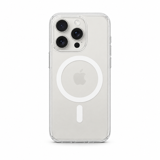 Clear Spigen MagSafe TPU case for iPhone 15 Pro on white background