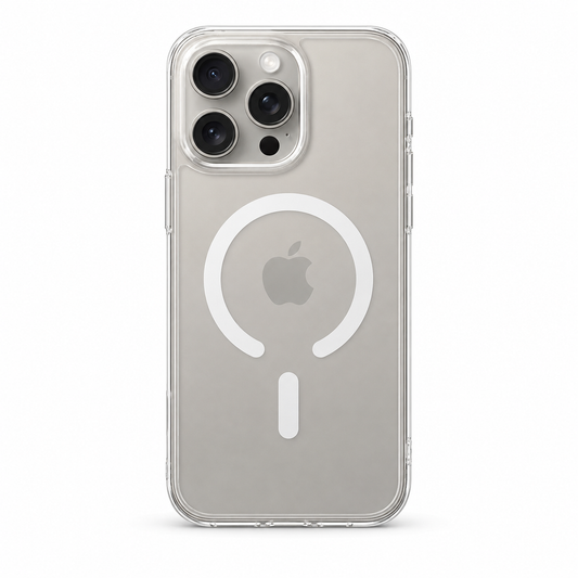 Clear Spigen MagSafe TPU case for iPhone 15 Pro Max on white background