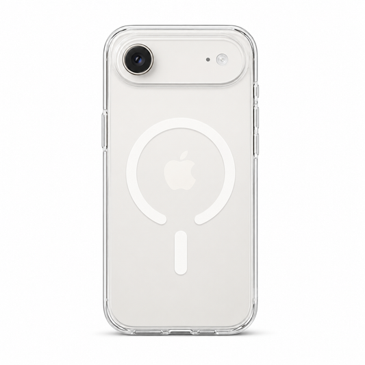 Clear Spigen MagSafe TPU case for iPhone 17 on white background