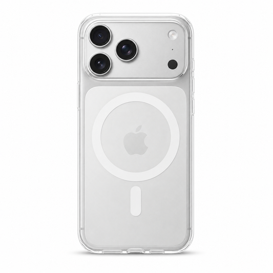 Clear Spigen MagSafe TPU case for iPhone 17 Pro on white background