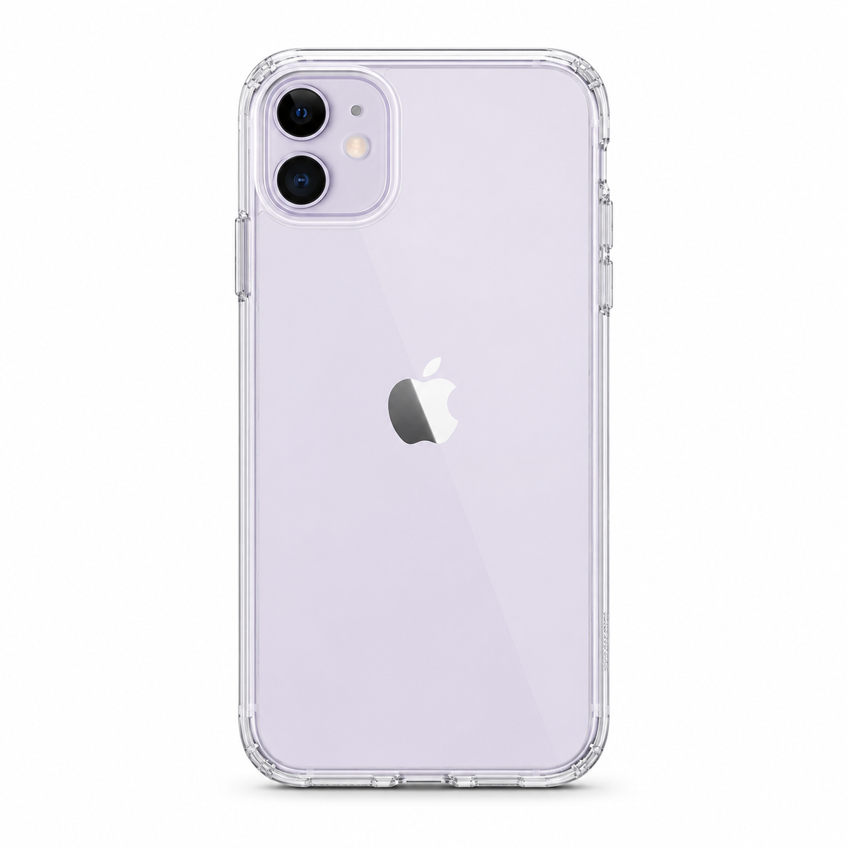 A clear protective spigen utp phone case shown on a light lavender iPhone 11, photographed against a seamless white background.