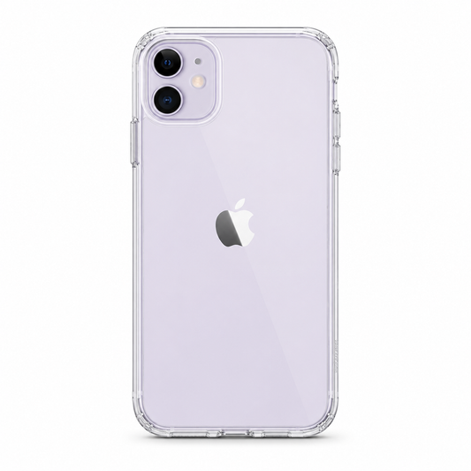 A clear protective spigen utp phone case shown on a light lavender iPhone 11, photographed against a seamless white background.