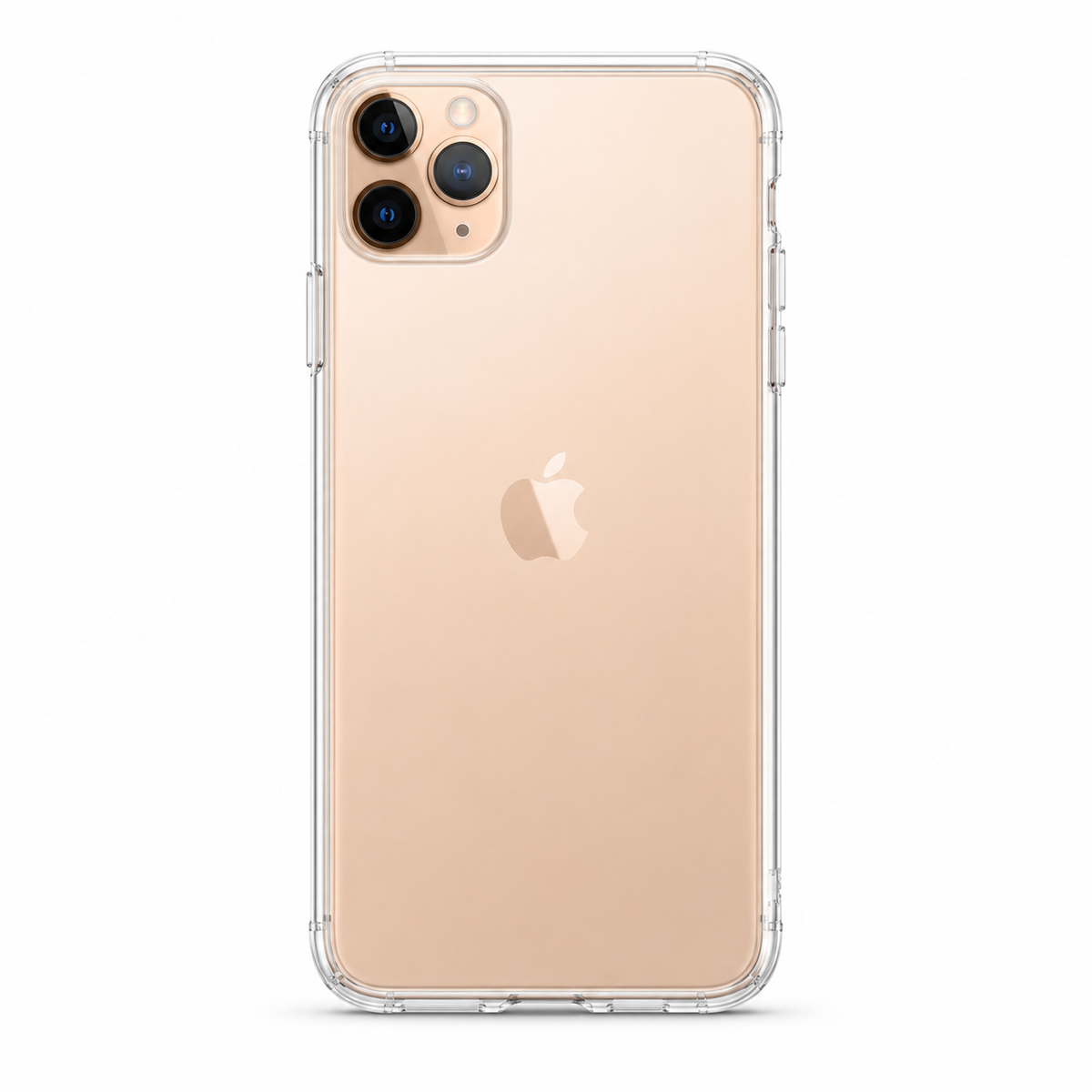 A clear protective phone case shown on the back of a rose gold iPhone 11 Pro Max, photographed against a clean white background.