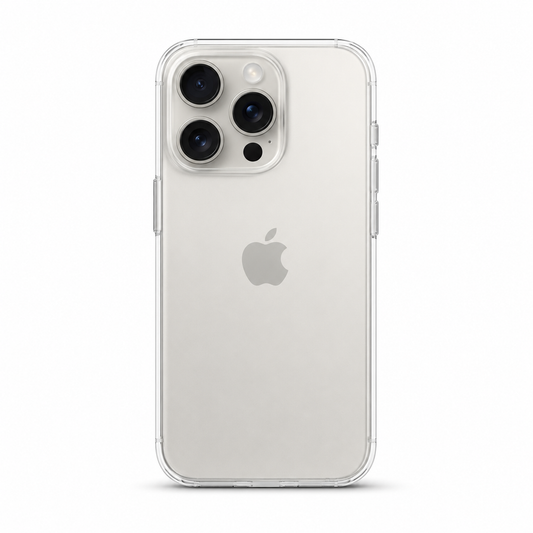 Clear Spigen TPU case for iPhone 15 Pro on white background