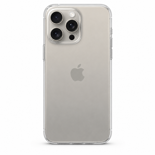 Clear Spigen TPU case for iPhone 15 Pro Max on white background