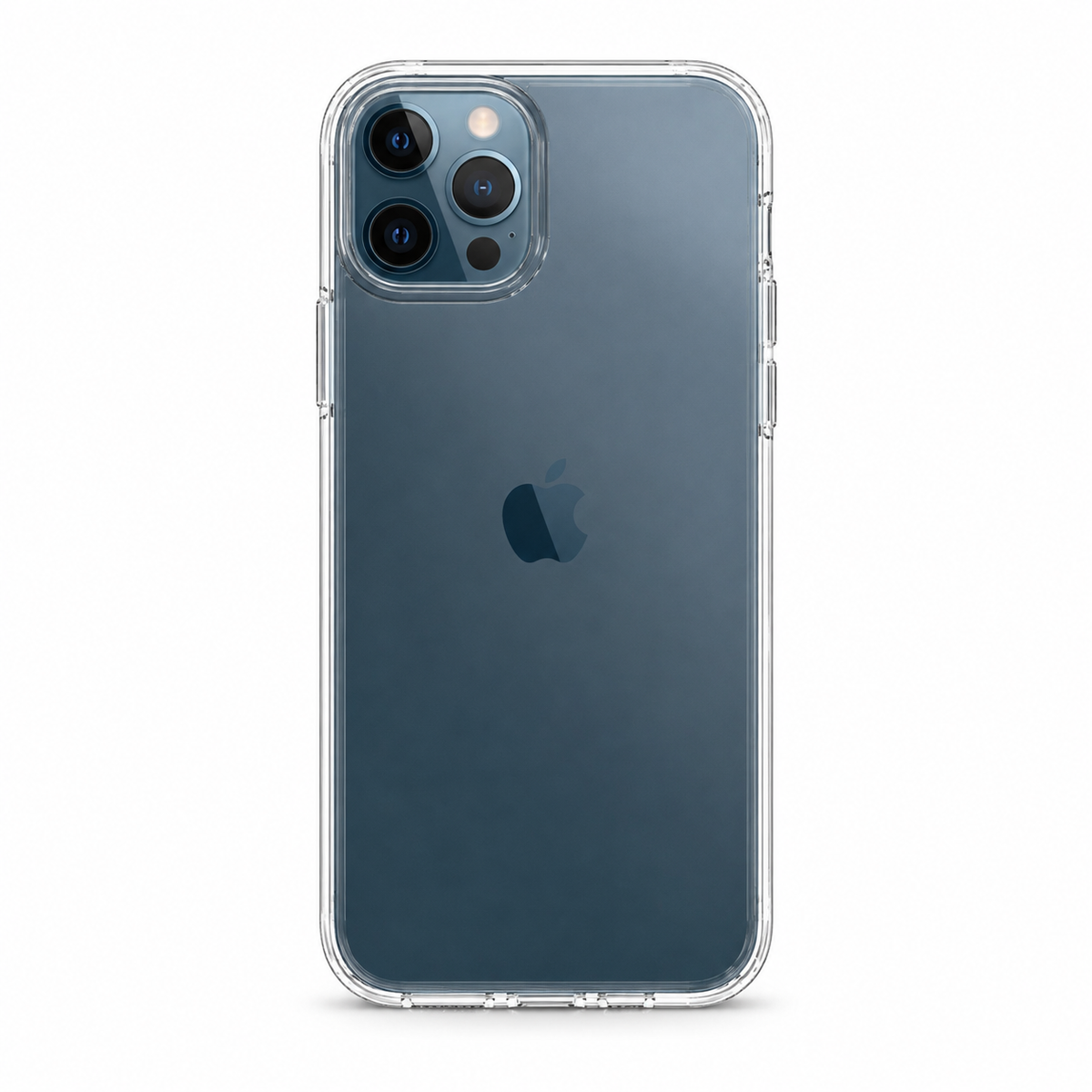 Spigen TPU clear case for Apple iPhone 12 on white background, rear view