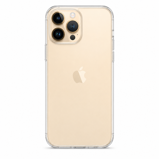 Clear Spigen TPU case for iPhone 14 Pro Max on white background