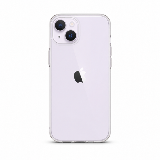 Clear Spigen TPU case for iPhone 14 on white background