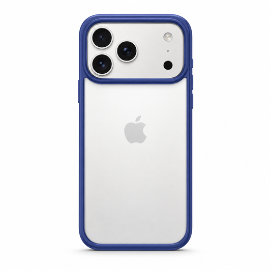 A clear protective phone case with a blue bumper frame, shown on a silver iPhone 17 pro max. The case features a raised camera bar and precise cutouts for the phone's camera lenses and flash.