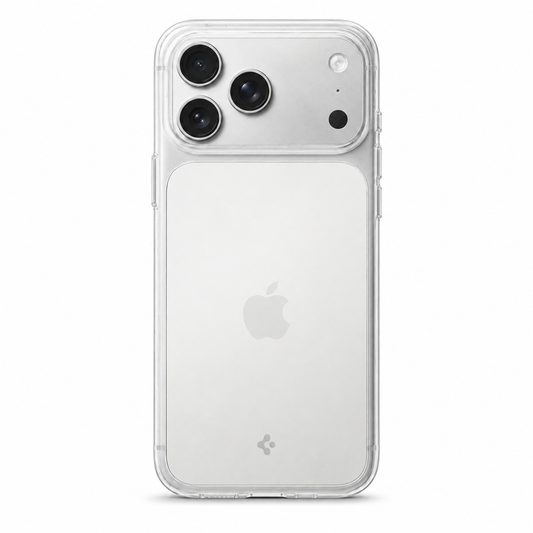 Clear Spigen Ultra Hybrid case for iPhone 17 Pro on white background