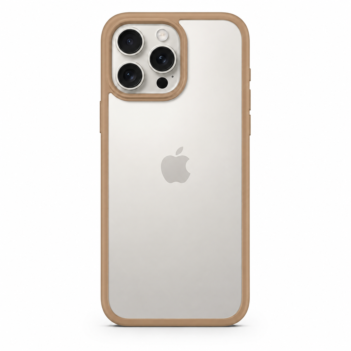 A clear protective phone case with a tan bumper frame, shown on an iPhone 15 Pro Max. The case is designed to be transparent, allowing the phone's silver back to show through, while featuring a thick tan protective border around the edges and camera module.