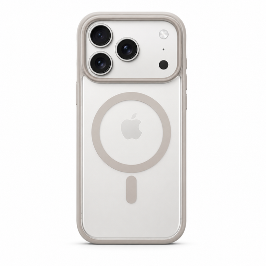A clear MagSafe-compatible phone case with a light beige bumper frame, shown on a white iPhone 17 Pro against a clean white background.