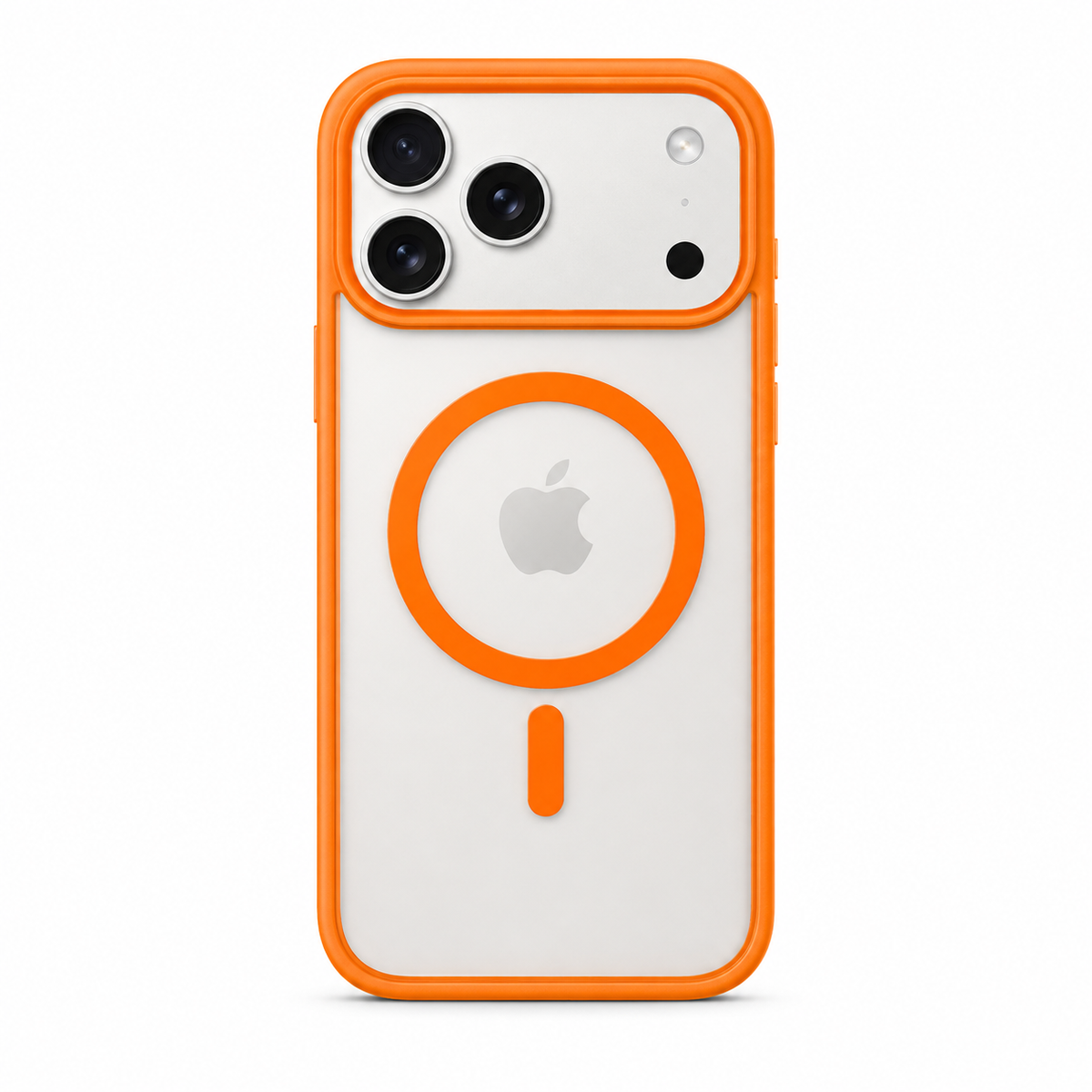 An orange MagSafe-compatible phone case with a clear back panel, shown on a white iPhone 17 Pro Max. The case features a bright orange border and a matching orange circular magnetic ring on the back.