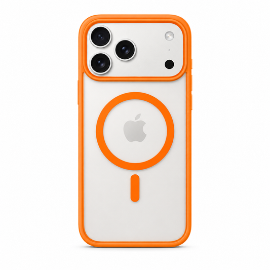 An orange MagSafe-compatible phone case with a clear back panel, shown on a white iPhone 17 Pro Max. The case features a bright orange border and a matching orange circular magnetic ring on the back.