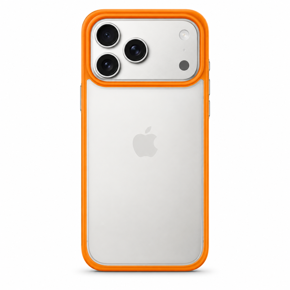 A clear protective phone case with a bright orange bumper frame, shown on the back of a silver iPhone 17 pro case. The case features a raised camera bezel and a solid orange border around the entire perimeter.
