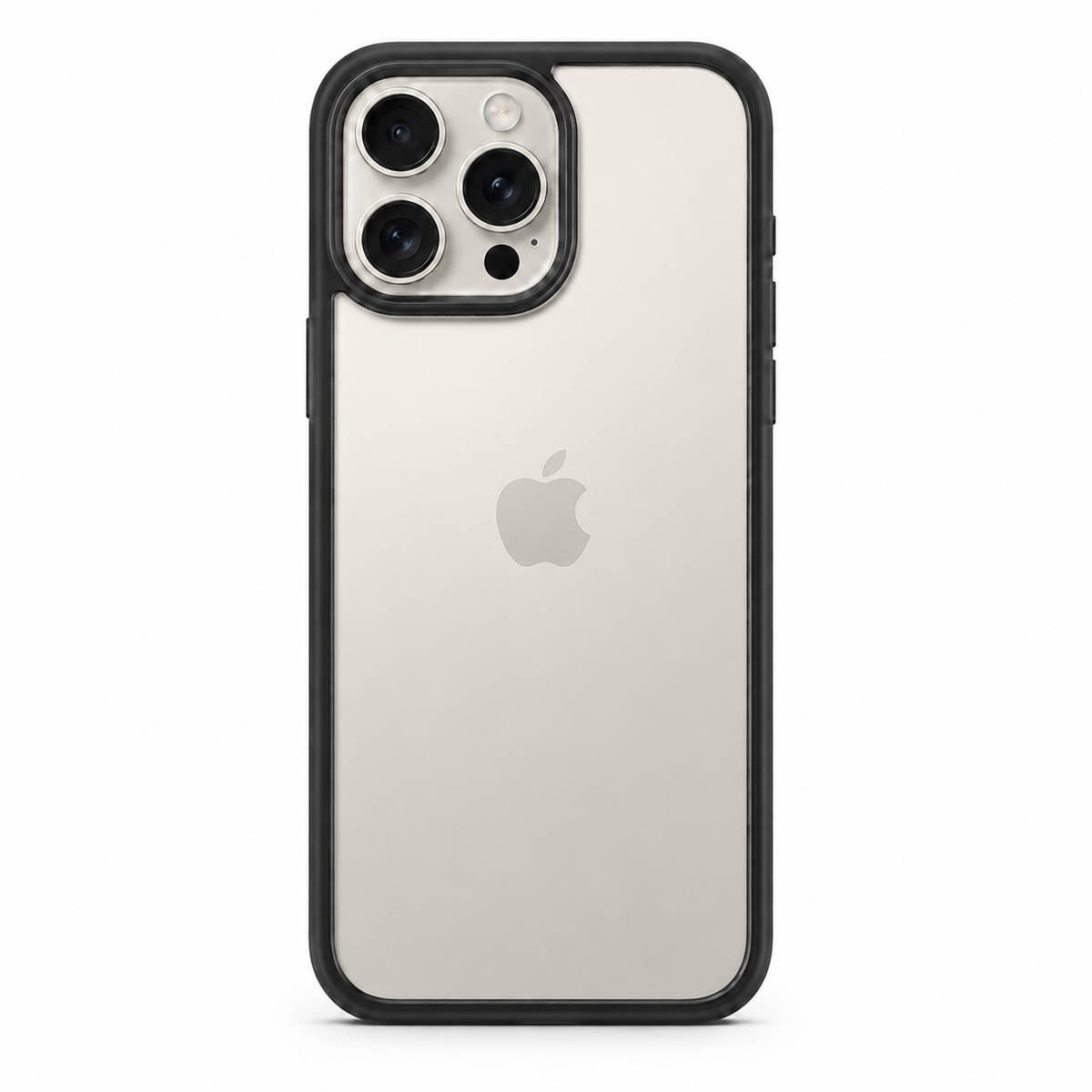 A clear protective phone case with a black bumper frame, shown on the back of a silver iPhone 15 Pro Max. The case is photographed against a clean white background.